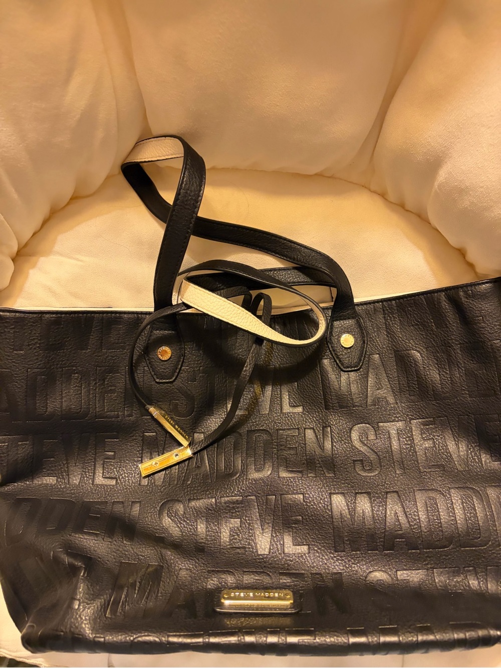 Steve Madden Black Embossed Logo Tote with Gold Accents